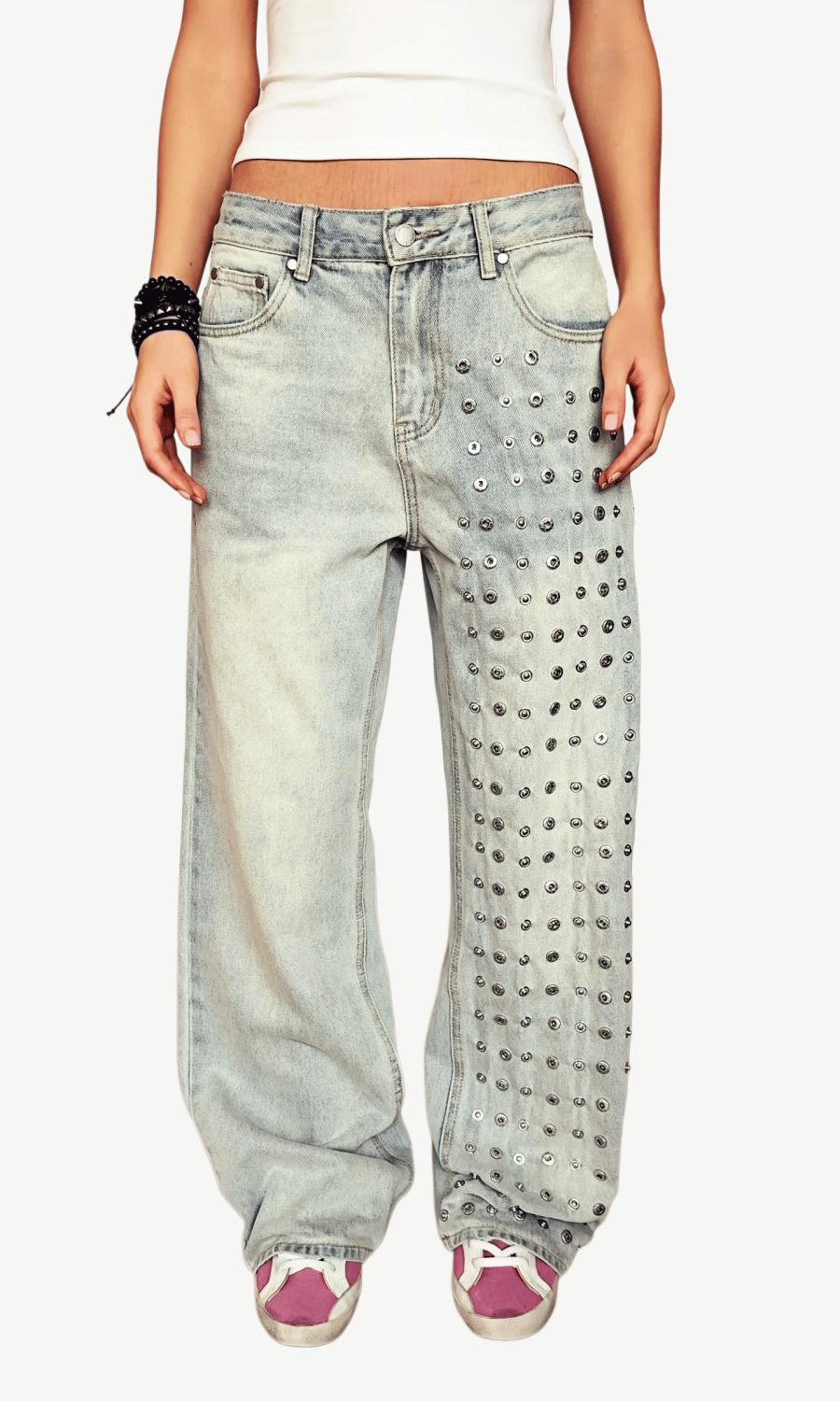  LIGHT WASH STUDDED WIDE-LEG DENIM