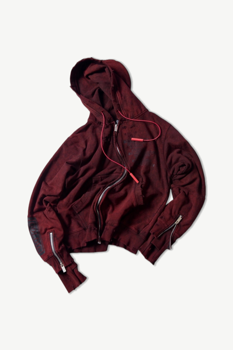Distressed red zip-up 