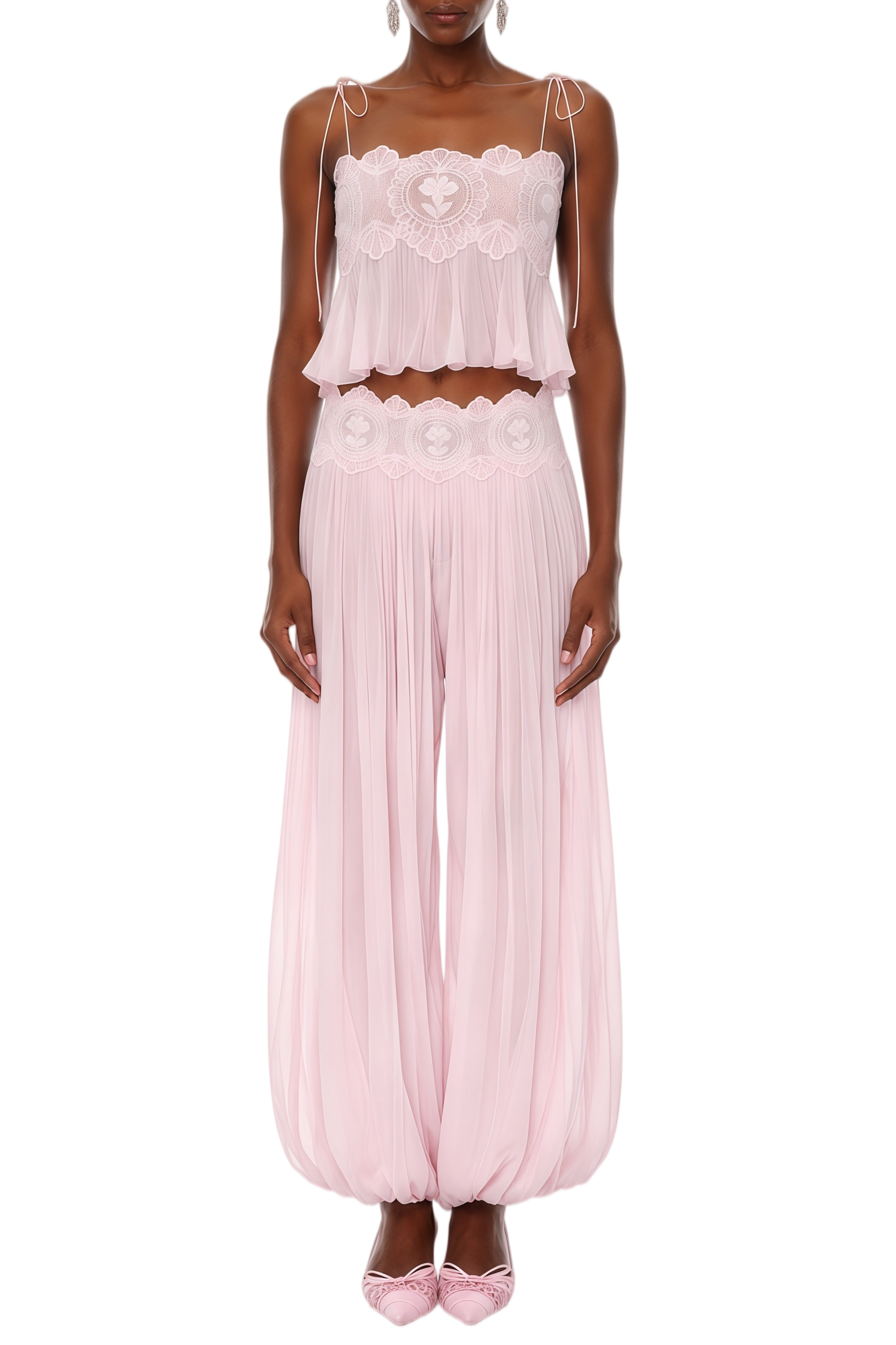 Annabelle Pink Pleated Ruffled Top & Trousers Set