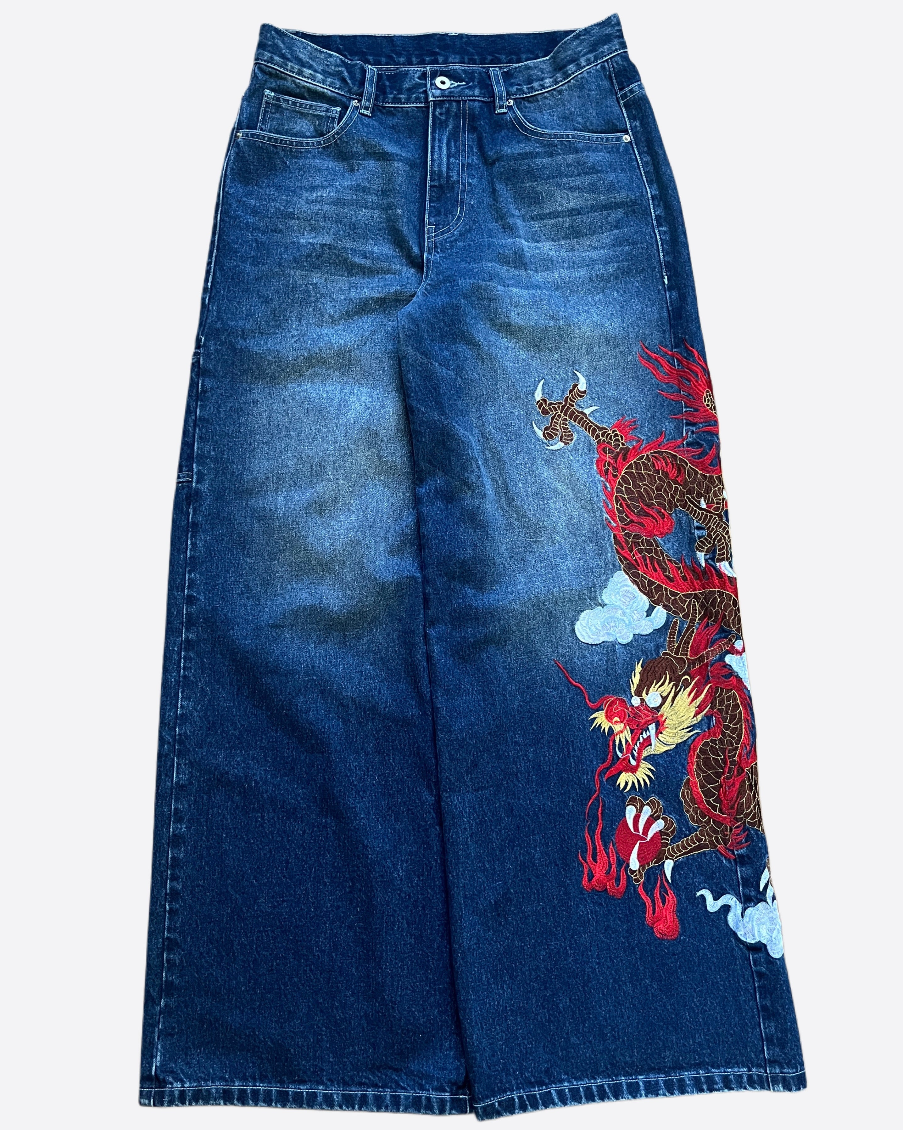 Navy Blue Embroidered Dragon Jeans