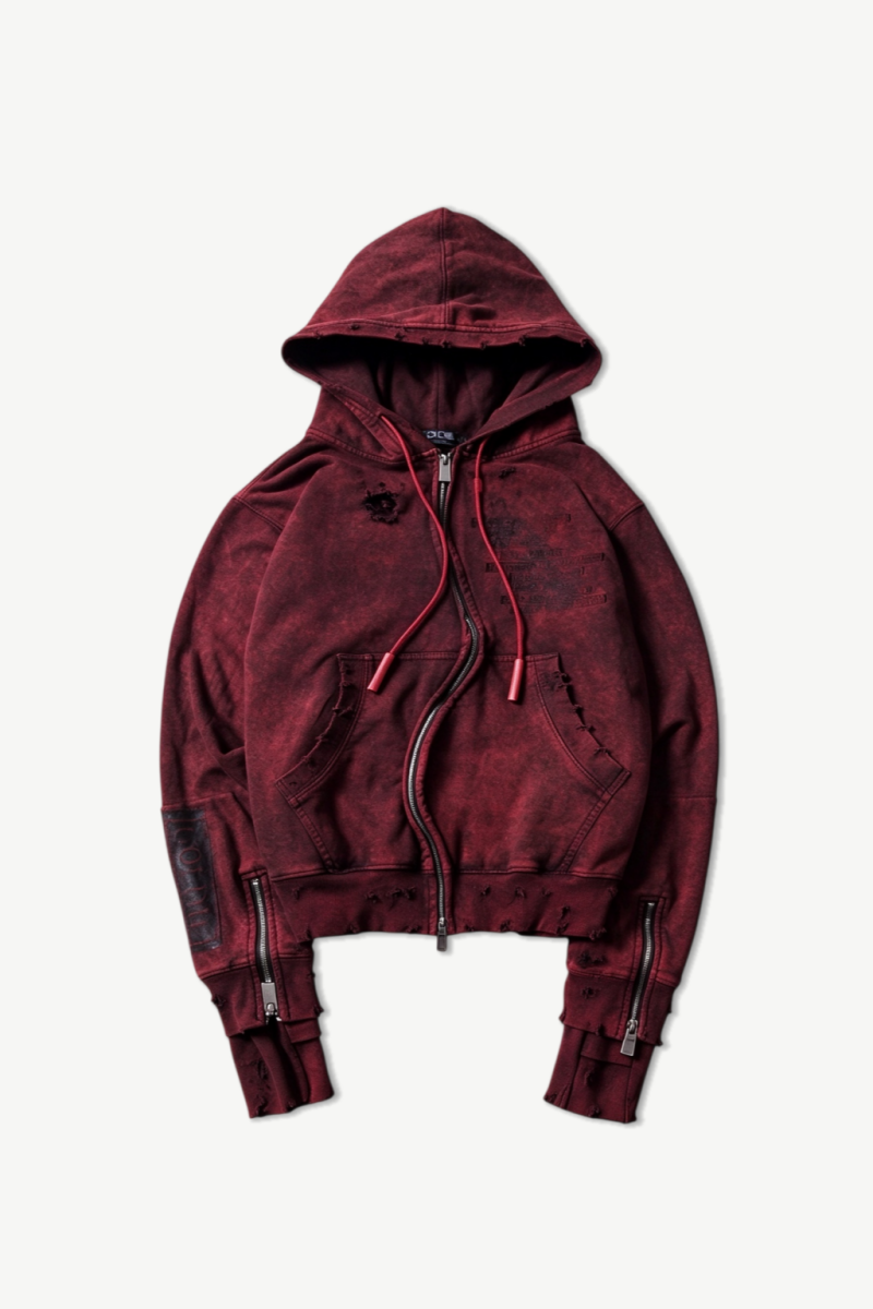Distressed red zip-up