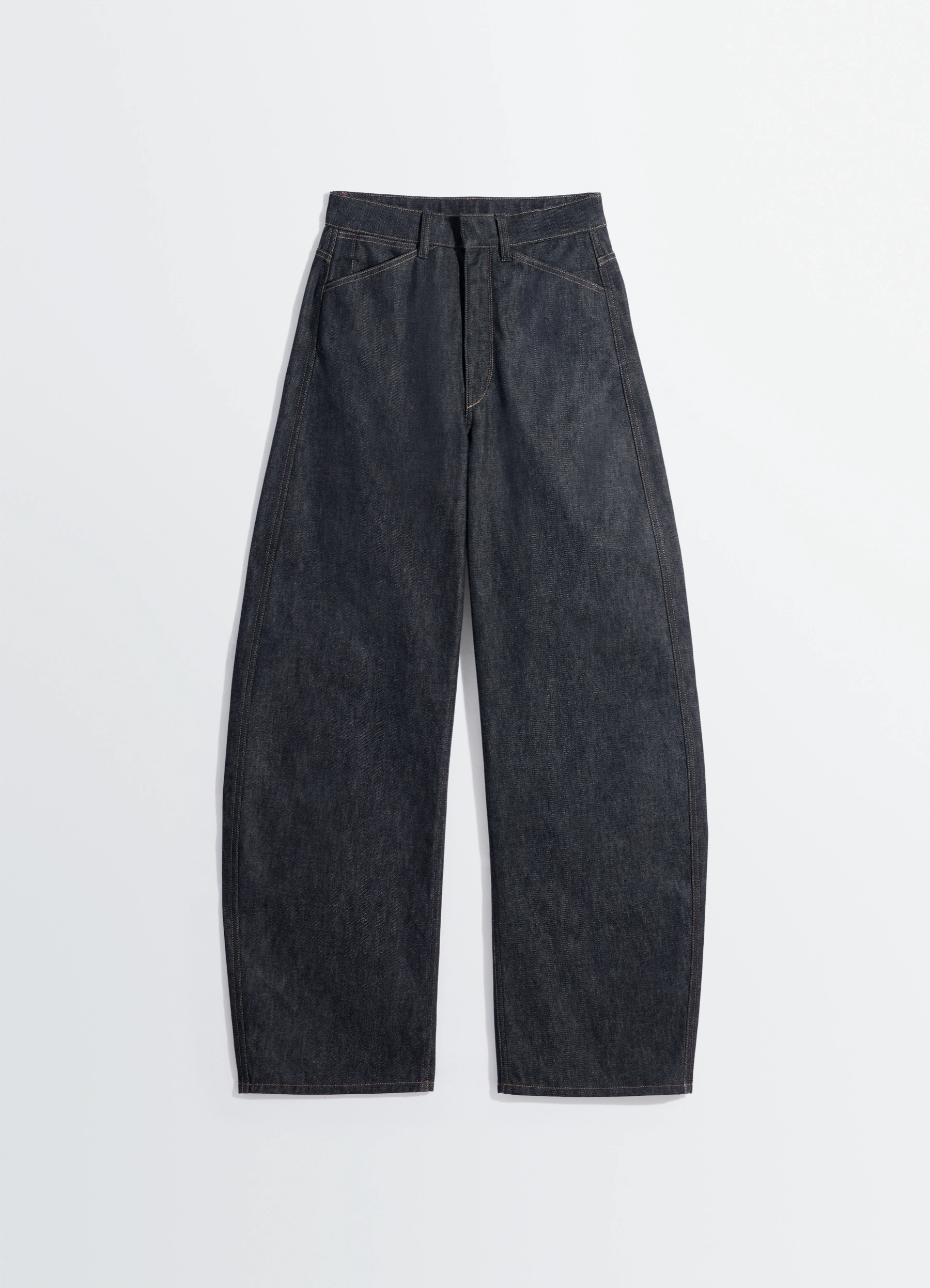 HIGH WAISTED CURVED PANTS IN DENIM