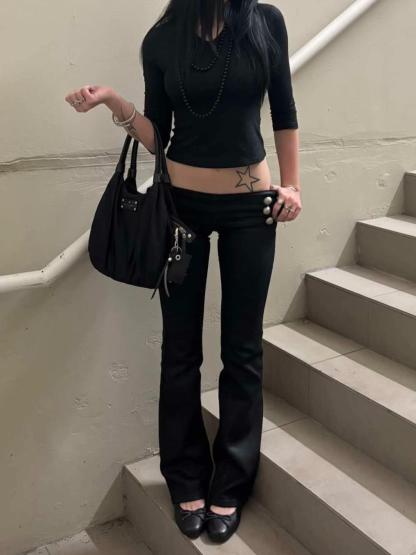 Low Rise Waxed Denim Flare Jeans