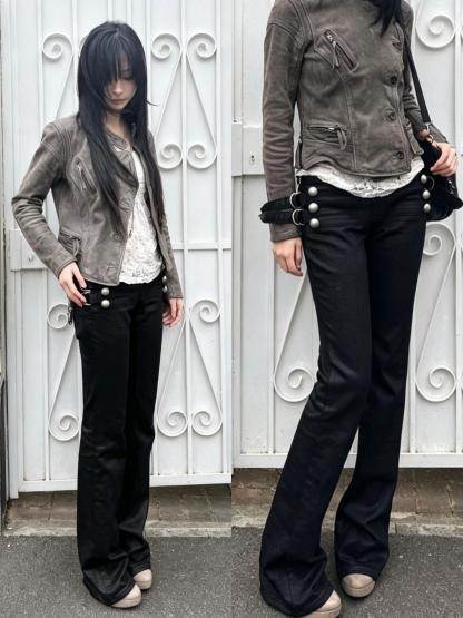 Low Rise Waxed Denim Flare Jeans