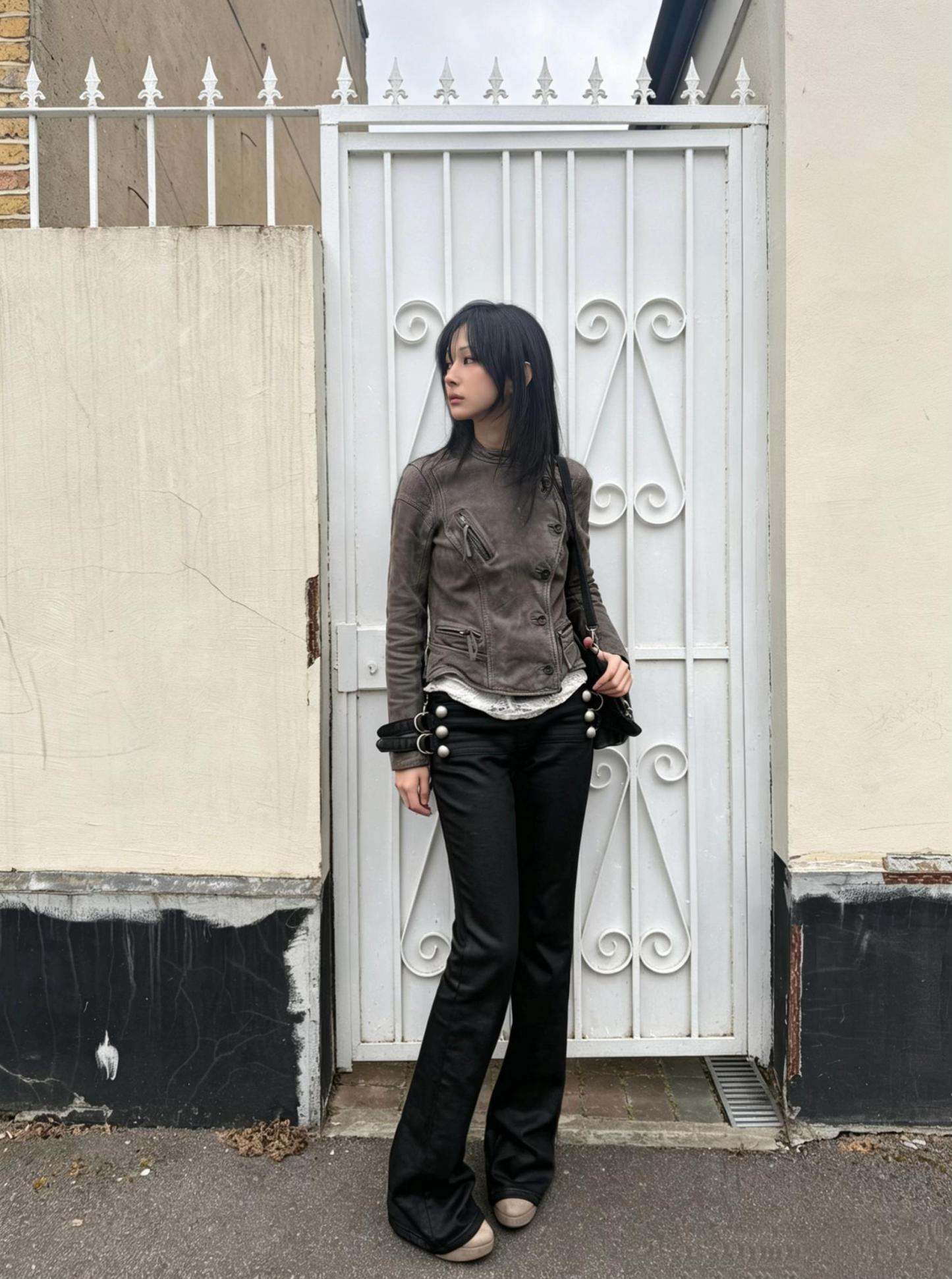 Low Rise Waxed Denim Flare Jeans