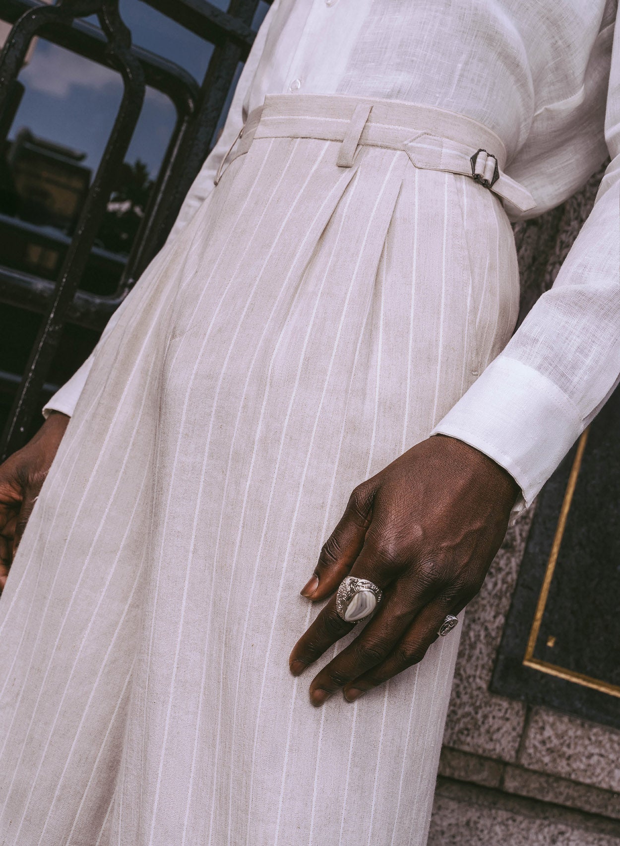 High Waisted Side Buckle Flare Trousers