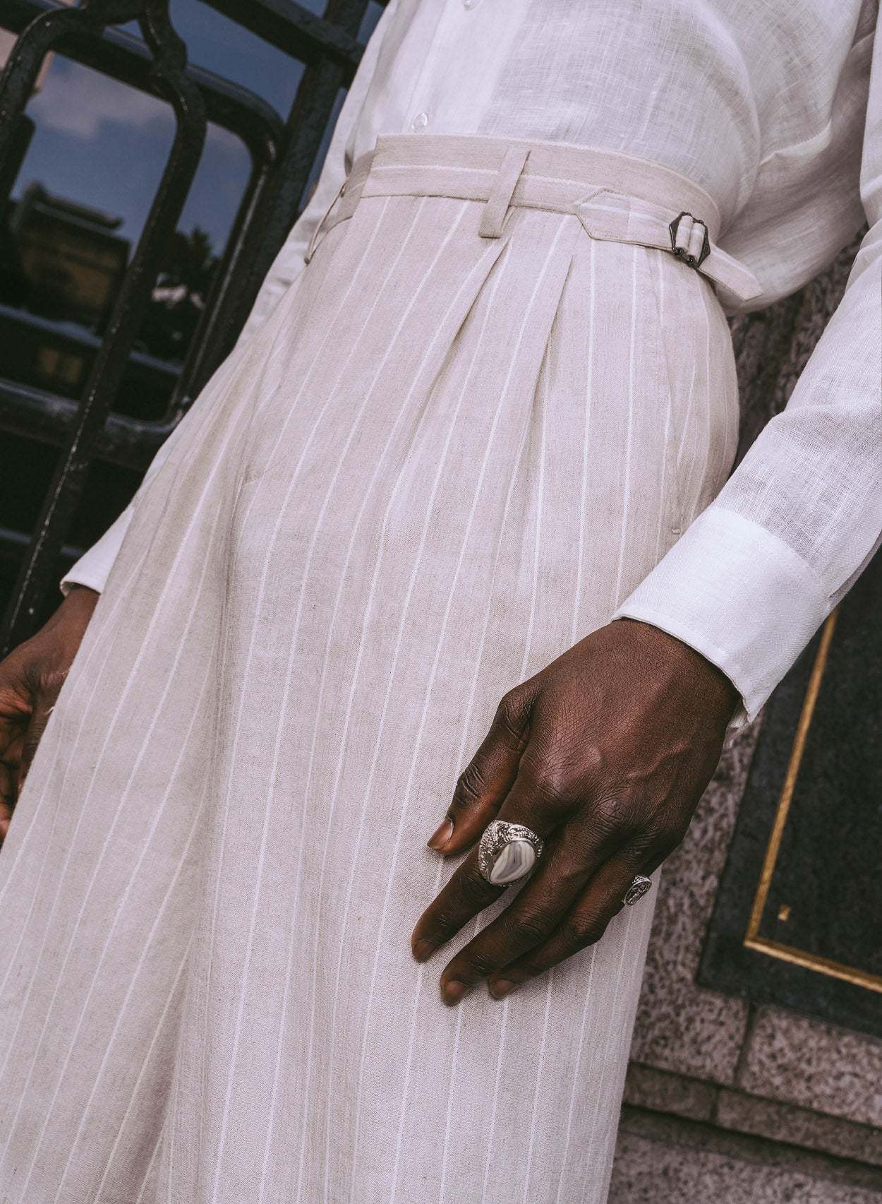 High Waisted Side Buckle Flare Trousers