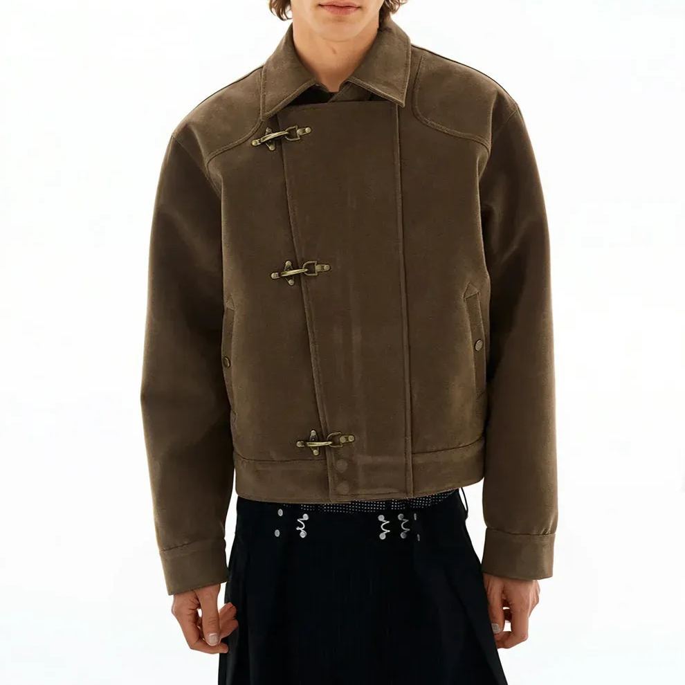 ASYMMETRIC FIREMAN BUCKLE MID CROP SUEDE JACKET