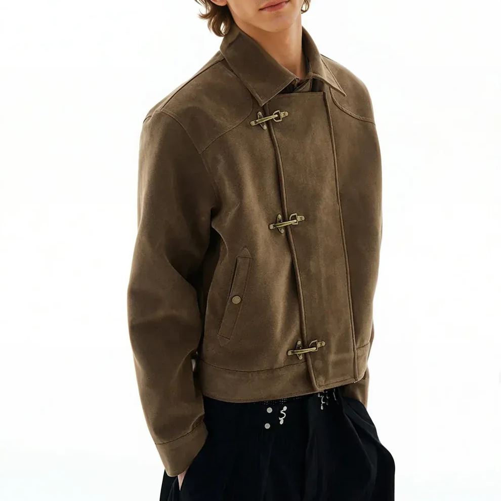 ASYMMETRIC FIREMAN BUCKLE MID CROP SUEDE JACKET