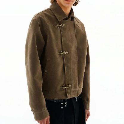 ASYMMETRIC FIREMAN BUCKLE MID CROP SUEDE JACKET