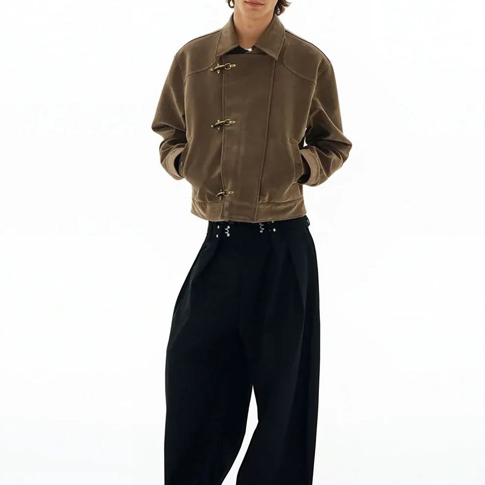 ASYMMETRIC FIREMAN BUCKLE MID CROP SUEDE JACKET