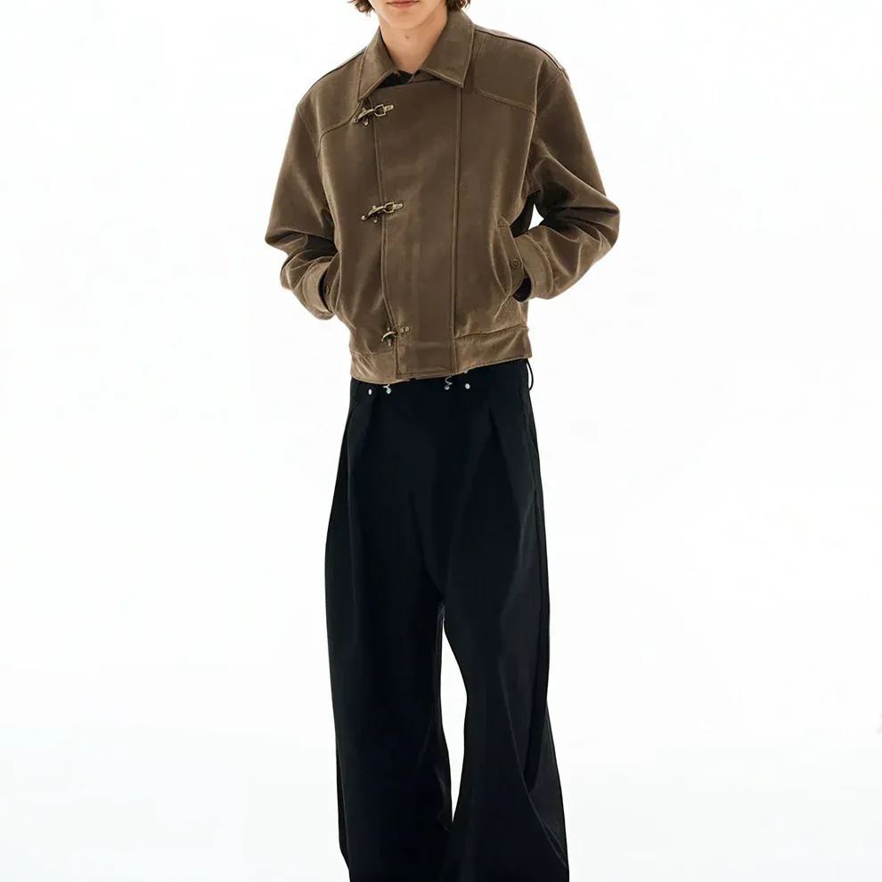 ASYMMETRIC FIREMAN BUCKLE MID CROP SUEDE JACKET