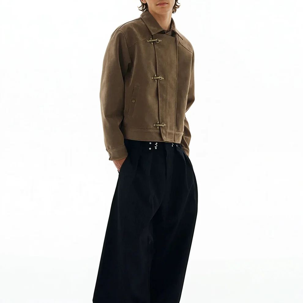 ASYMMETRIC FIREMAN BUCKLE MID CROP SUEDE JACKET