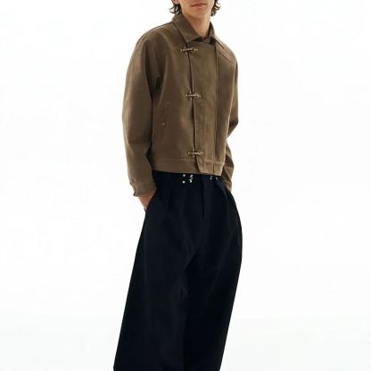 ASYMMETRIC FIREMAN BUCKLE MID CROP SUEDE JACKET