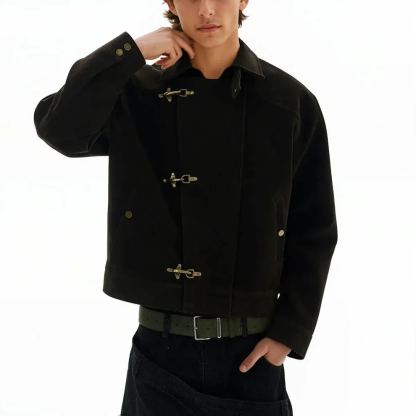 ASYMMETRIC FIREMAN BUCKLE MID CROP SUEDE JACKET