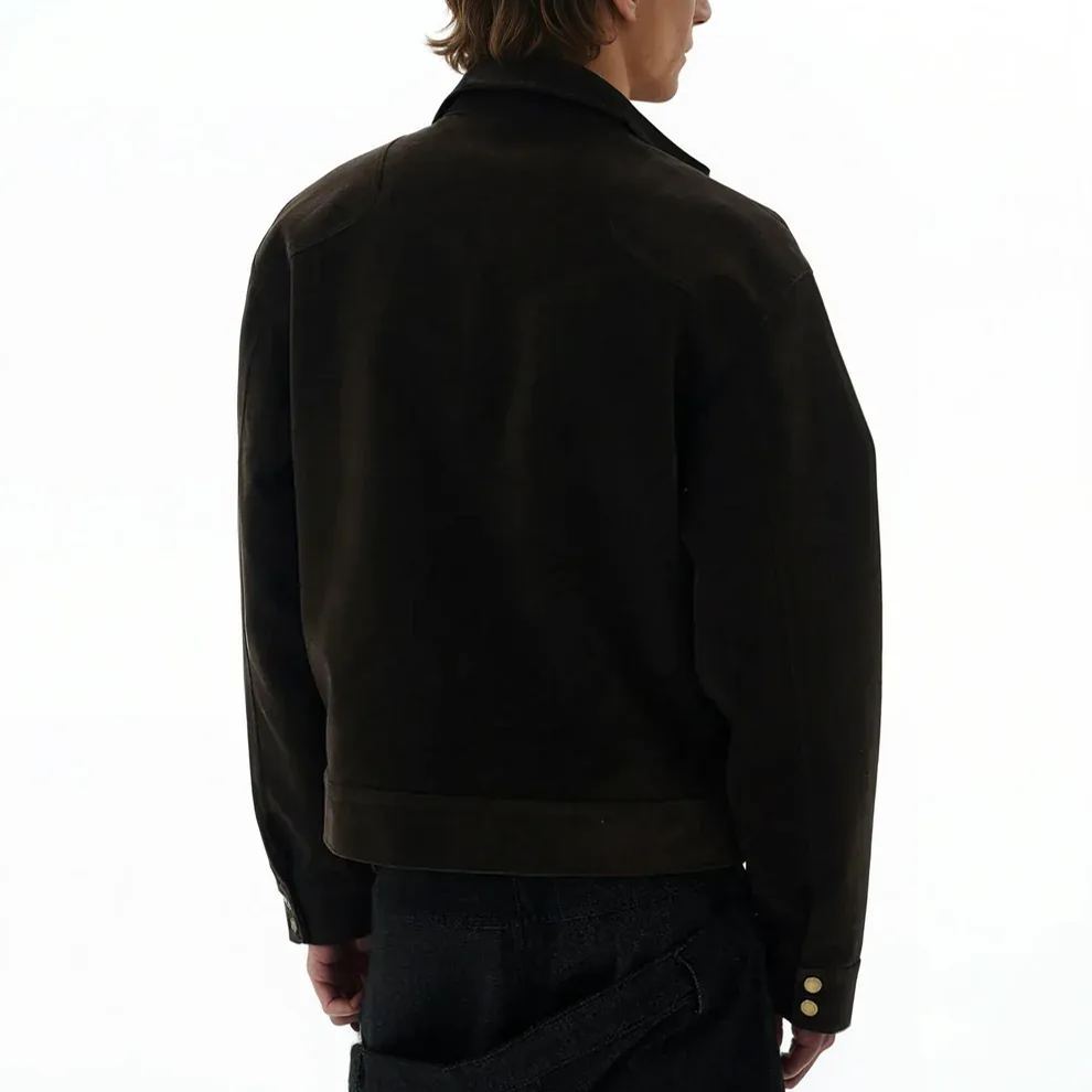 ASYMMETRIC FIREMAN BUCKLE MID CROP SUEDE JACKET