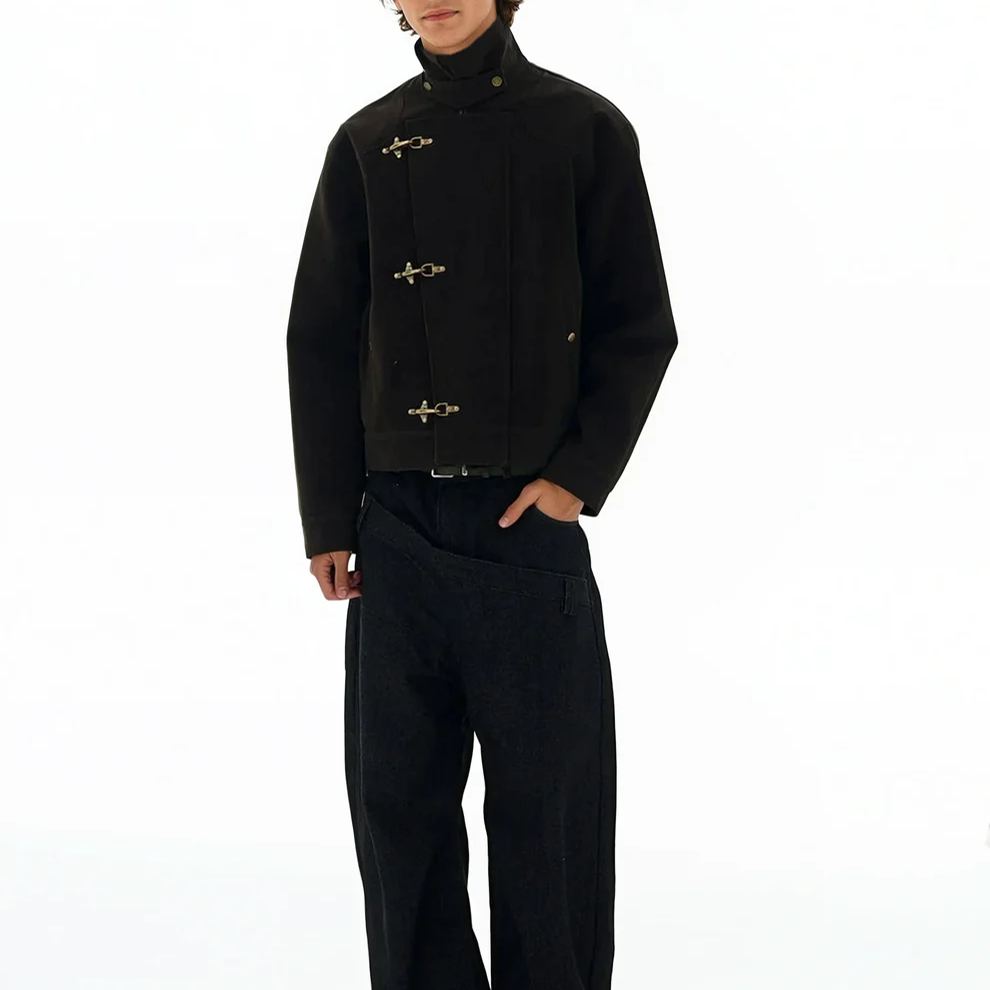 ASYMMETRIC FIREMAN BUCKLE MID CROP SUEDE JACKET