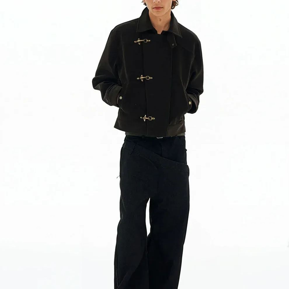 ASYMMETRIC FIREMAN BUCKLE MID CROP SUEDE JACKET