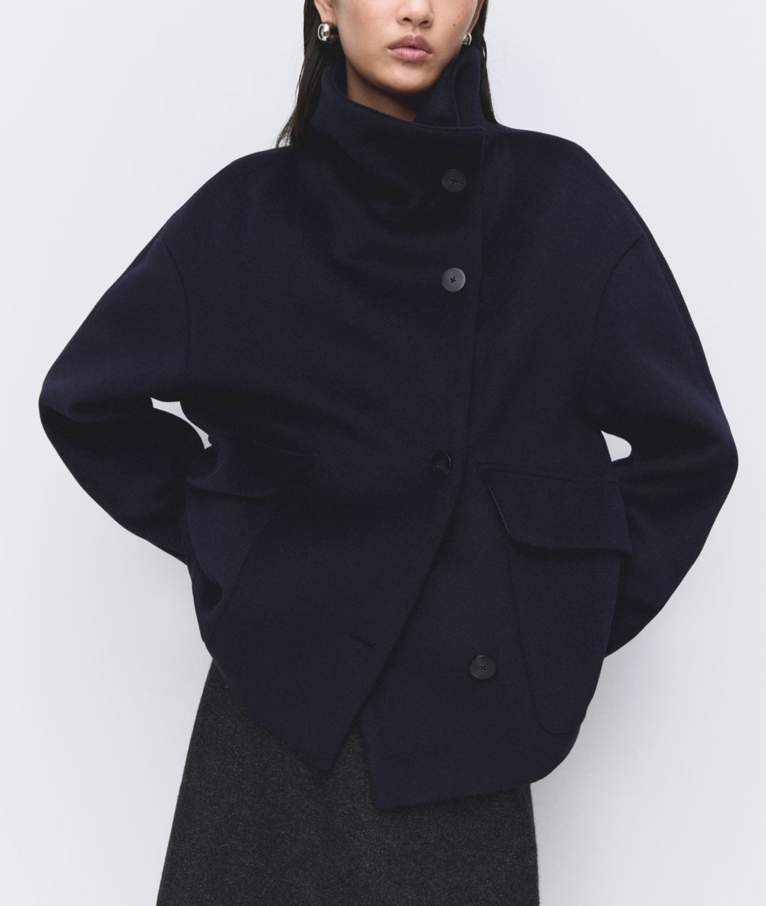 Wool funnel-neck coat