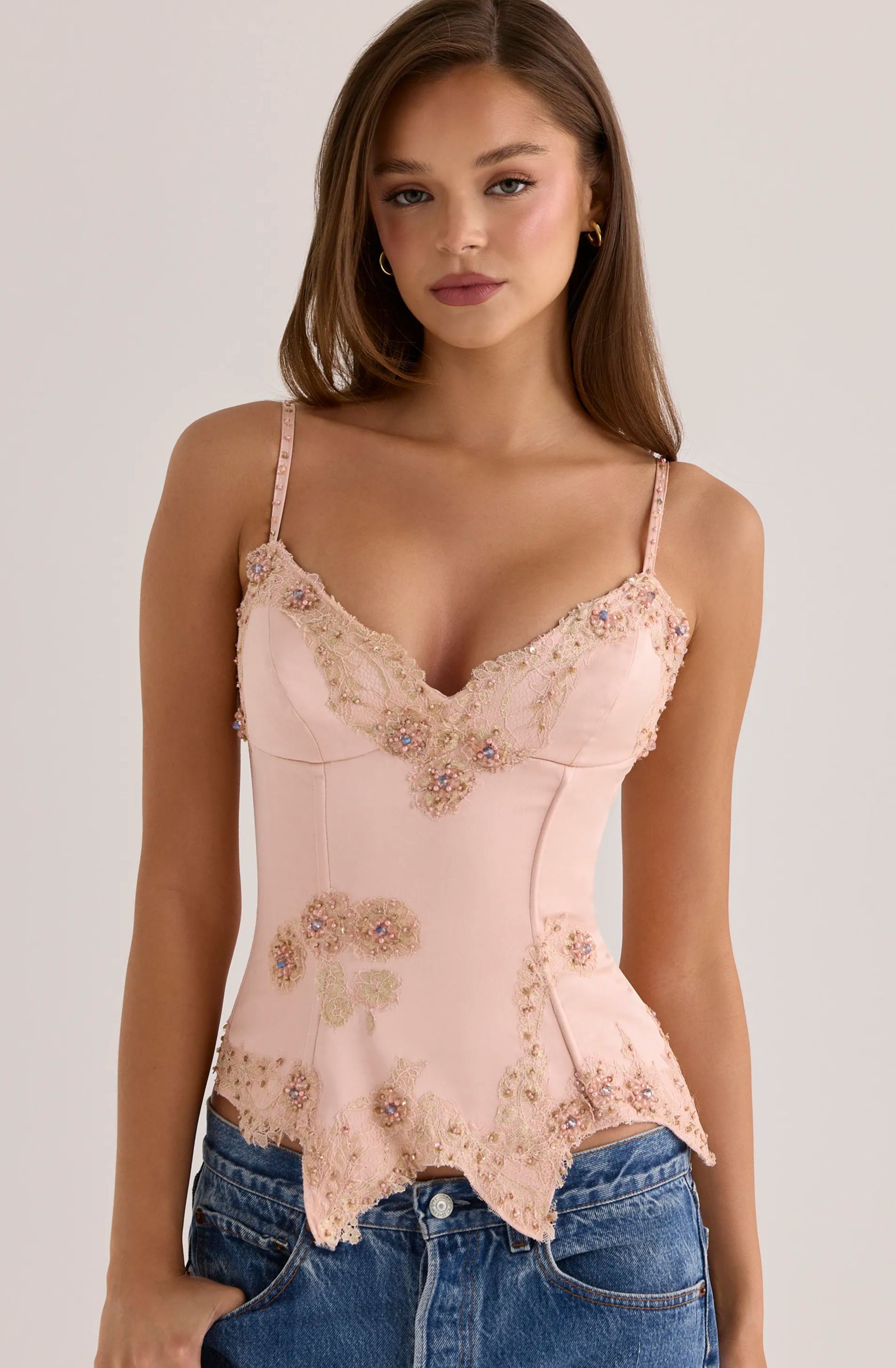 Saloma blush satin custom hand beaded embellished corset top - limited edition