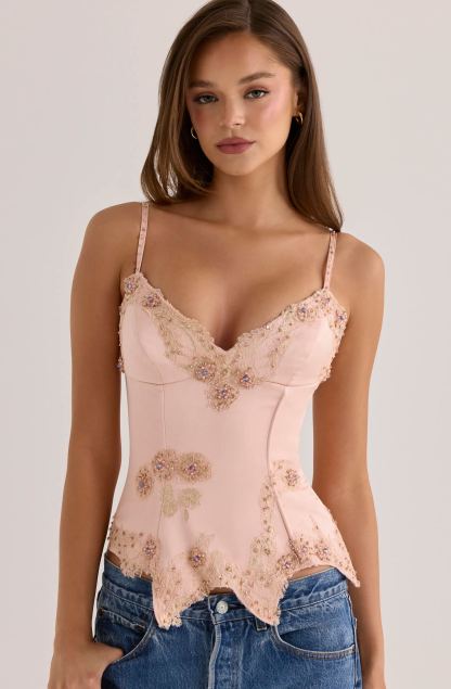 Saloma blush satin custom hand beaded embellished corset top - limited edition