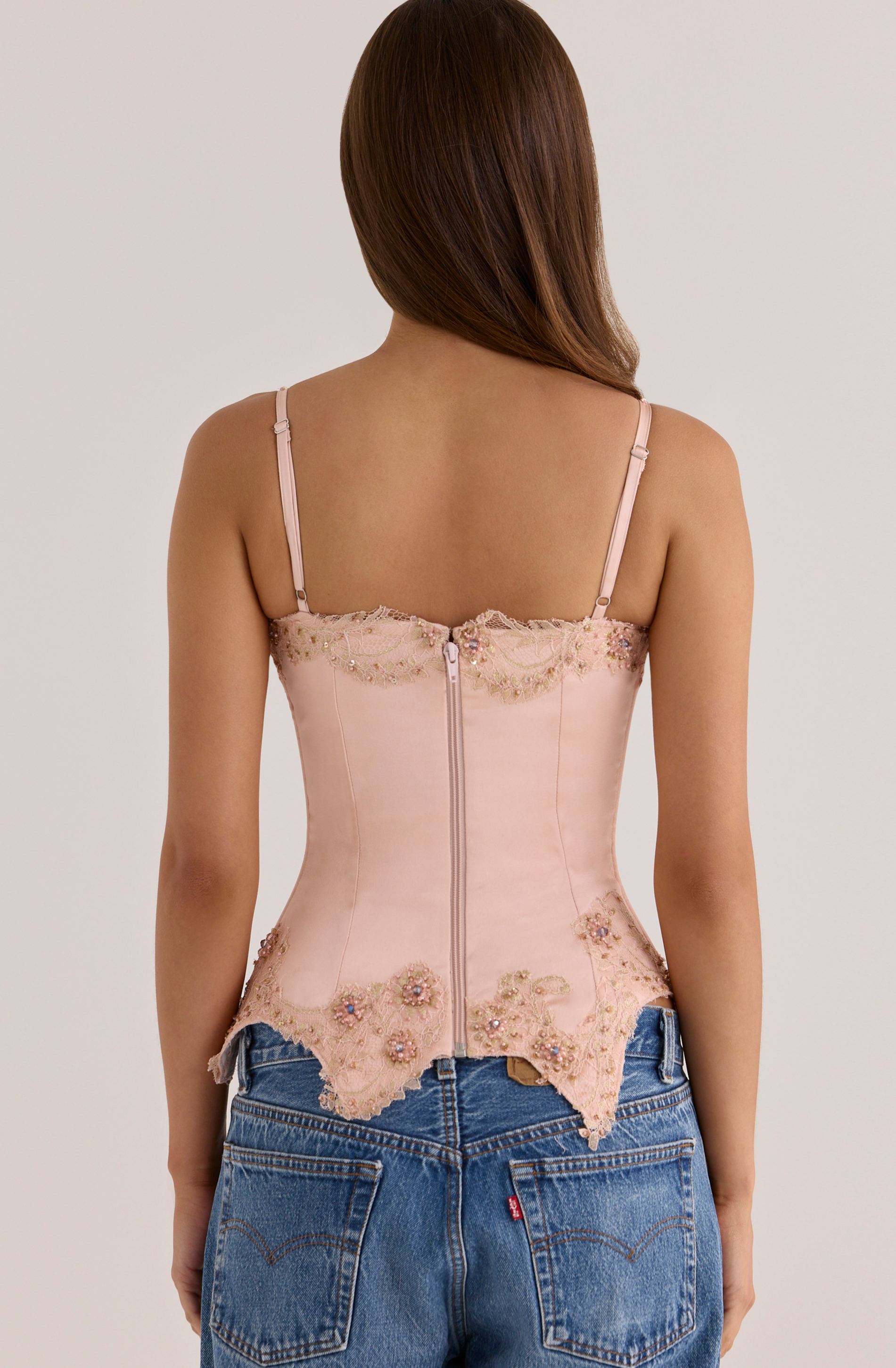 Saloma blush satin custom hand beaded embellished corset top - limited edition
