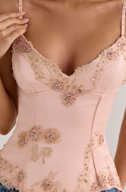 Saloma blush satin custom hand beaded embellished corset top - limited edition