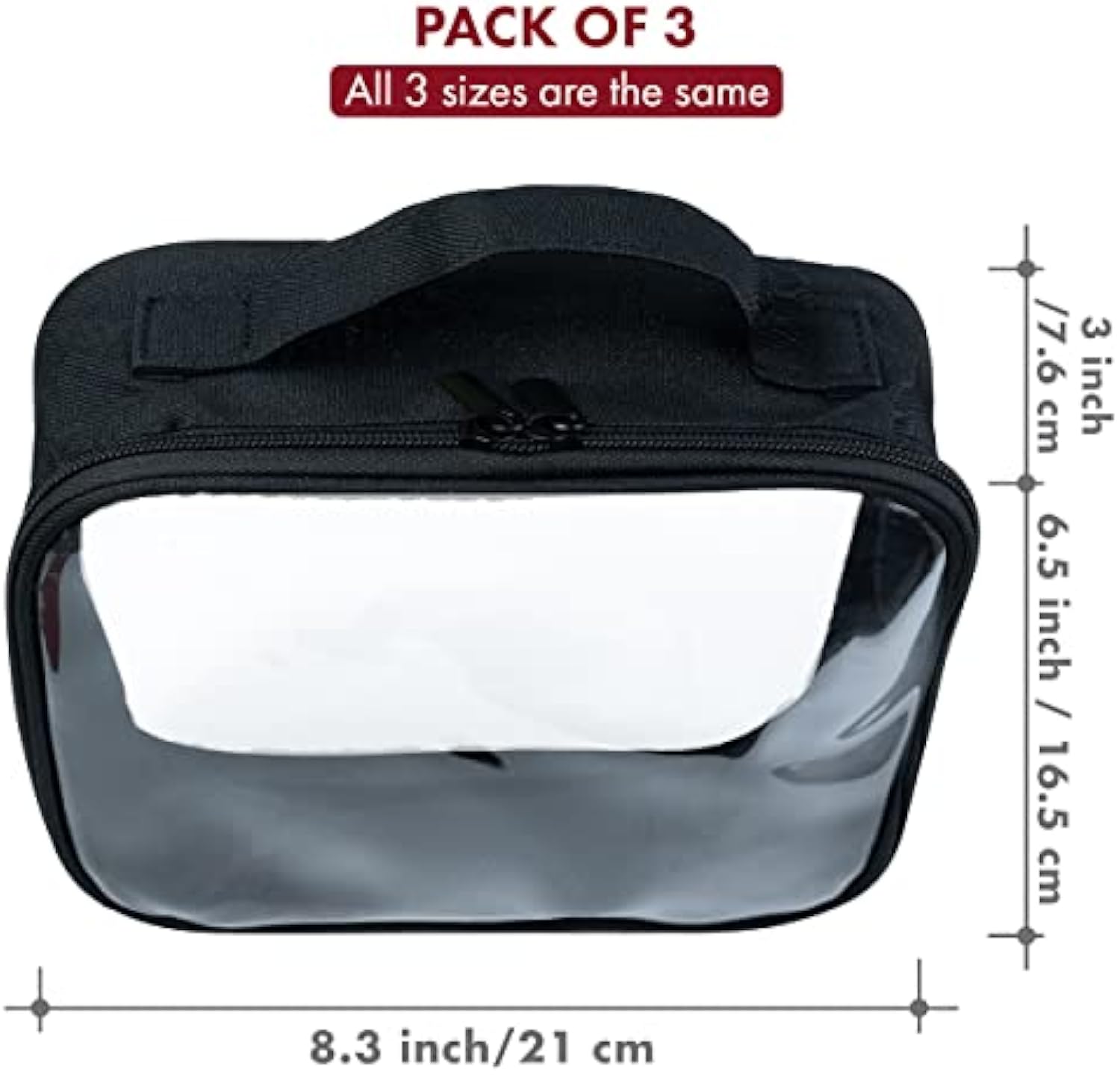 Clear Makeup Bags with Zipper, 3pcs in Black, 6.5 x 8.3 Inches – Quart Size, TSA Approved Toiletry Bags – Waterproof & Leak-Resistant PVC Clear Travel Bags for Women, Men & Kids