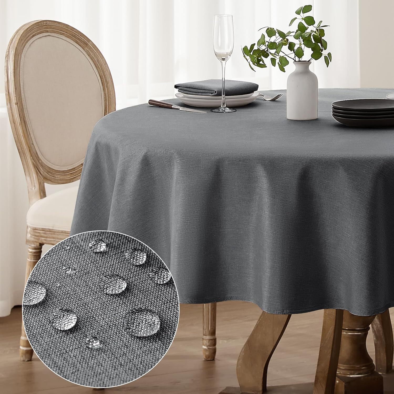 Softalker manteles redondo 120 cm de diámetro mantel antimanchas gris oscuro mantel de Falso Lino, duradero, lavables, protege la mesa, adecuado para sala de estar, comedor, cocina, 1 pieza,2-3 plazas