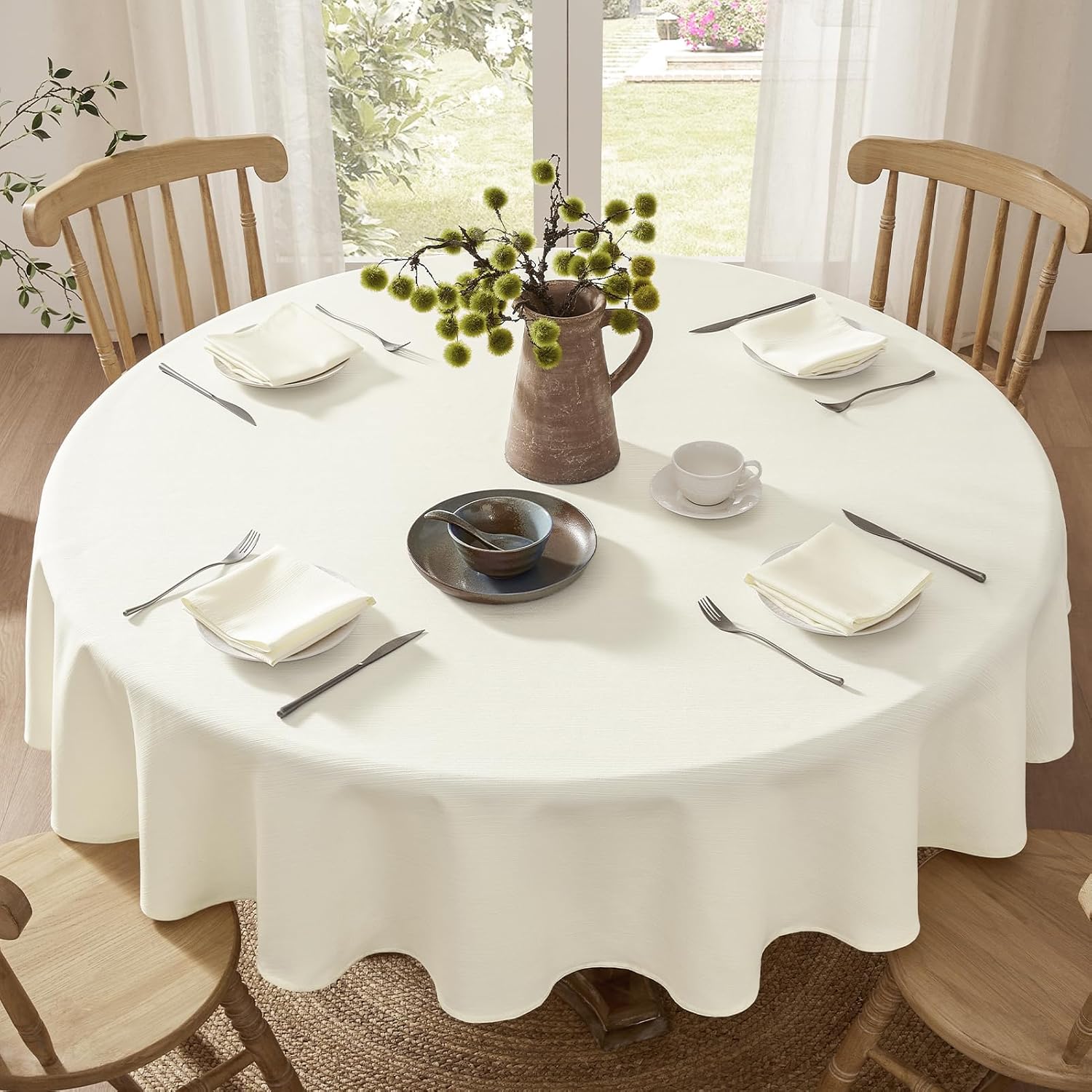 Softalker Mantel Redondo 140 cm Antimanchas Beige Mesa Impermeable Elegante Manteles mesas Redondas Textura Lino para cumpleaños Jardin Exterior Picnic Comedor Concina,Terraza,Otoño,Invierno,Navidad