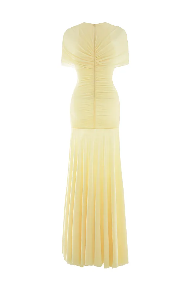 Grace Yellow Mesh Ruched Maxi Dress