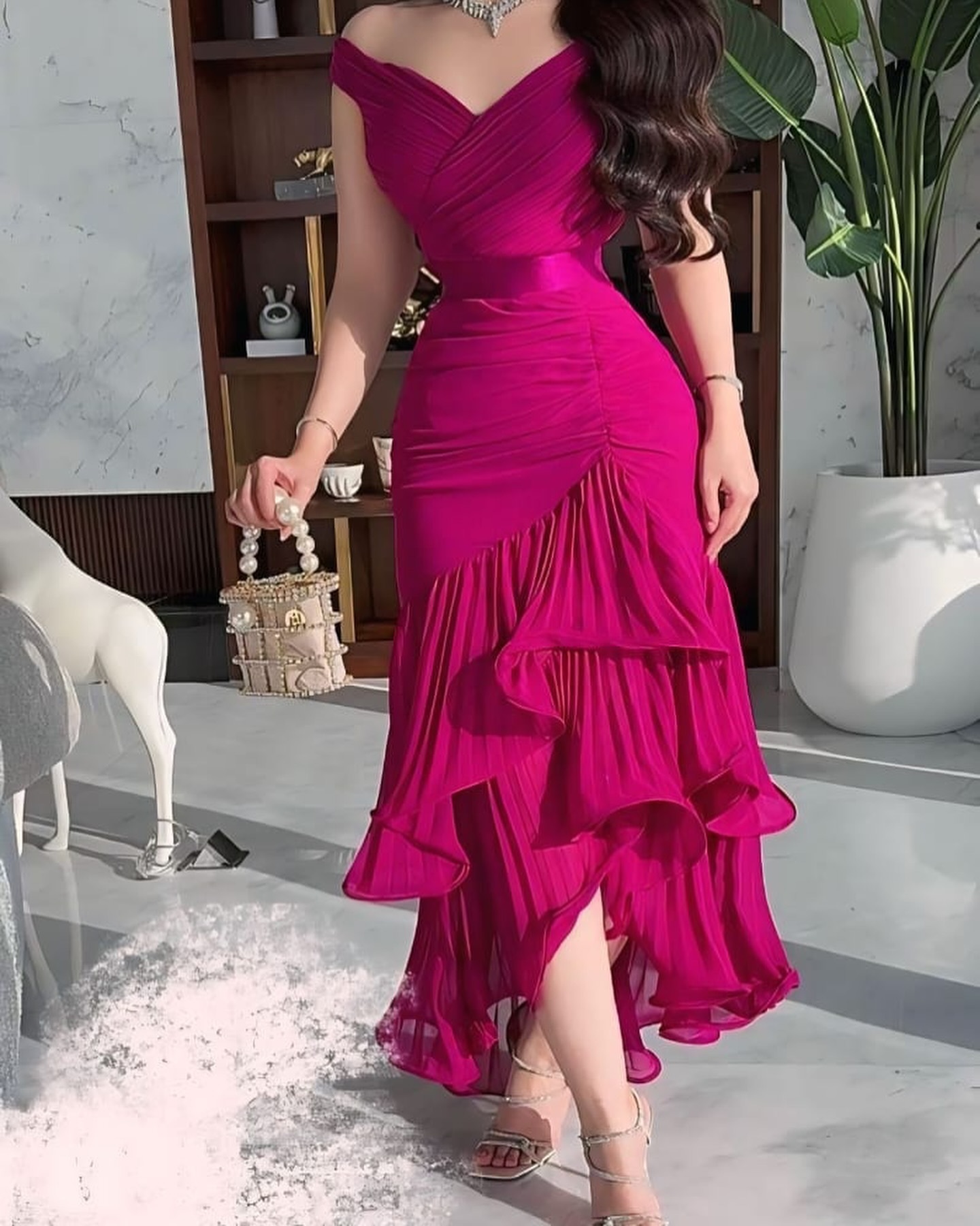 Pleated Bardot High Low Tier Chiffon Midi Dress