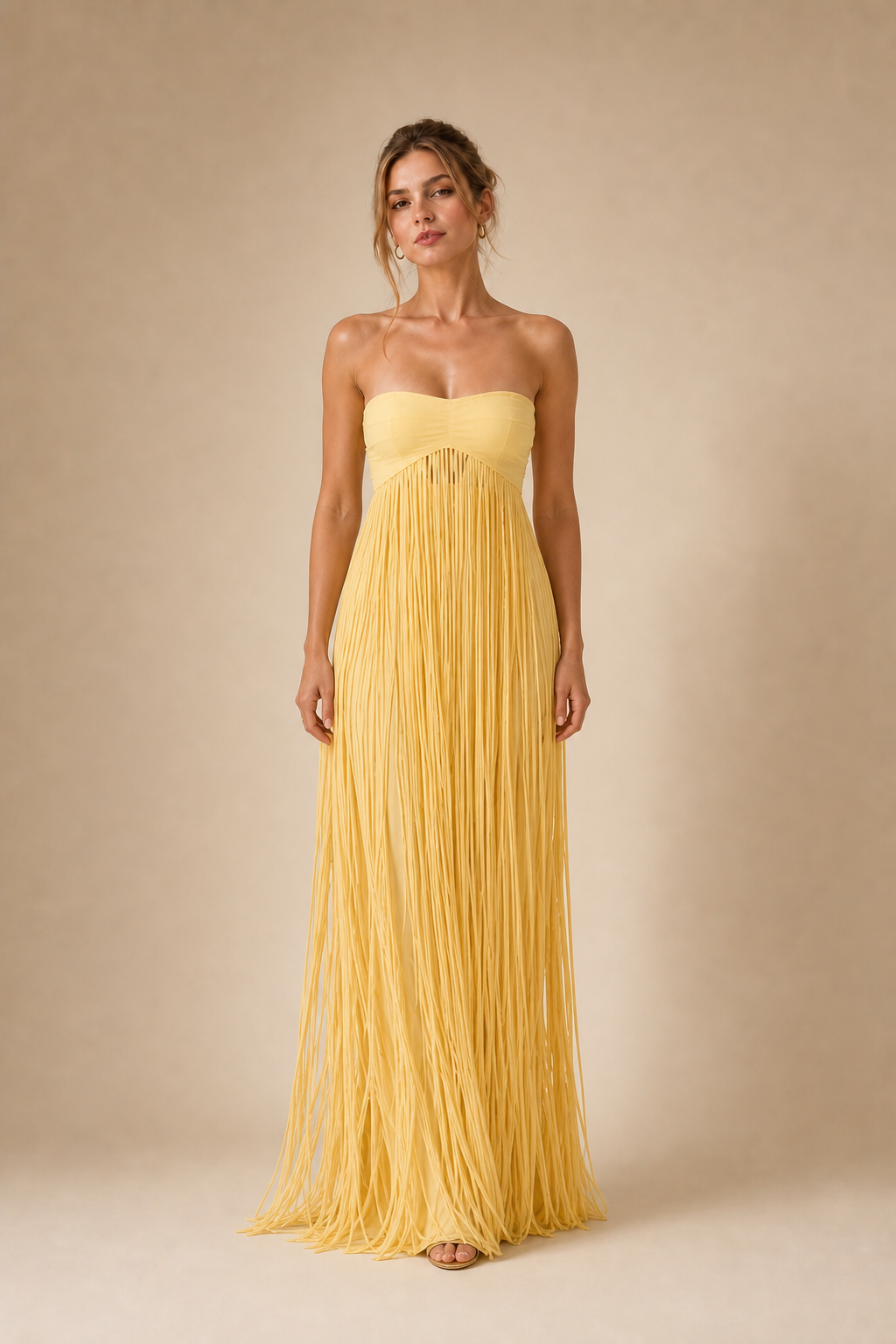 Sigrid Yellow Tassel Strapless Maxi Dress