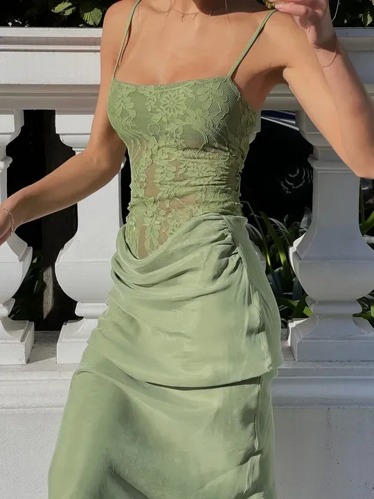Green Lace-trimmed Bodycon Maxi Dress