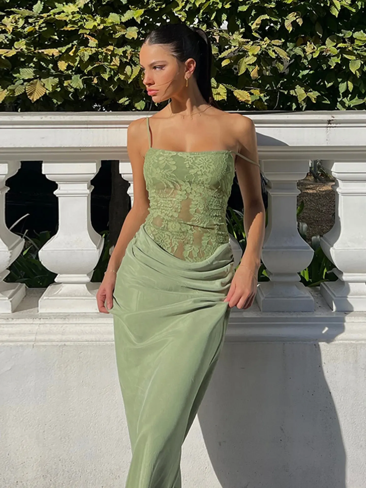 Green Lace-trimmed Bodycon Maxi Dress
