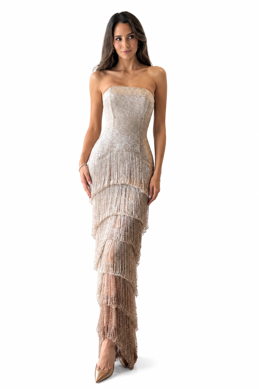 Astrid Champagne Strapless Fringed Layered Maxi Dress