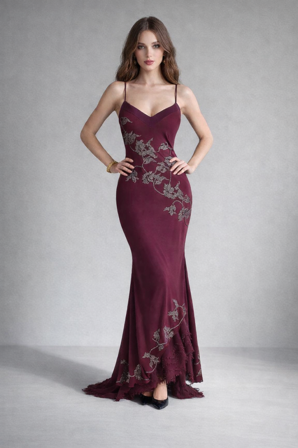 Plum Hand Beaded Embellished Satin Maxi Dress