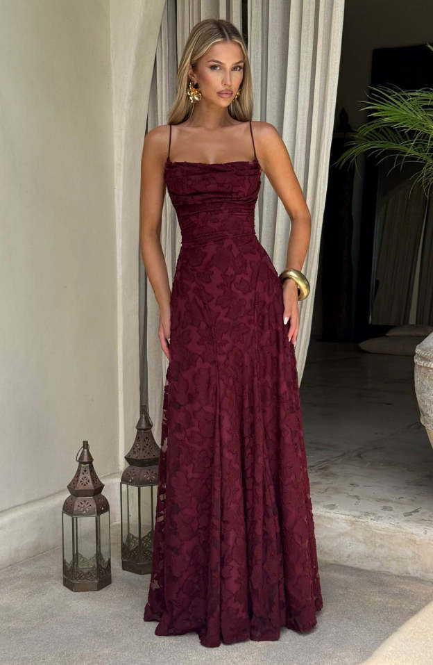 Burgundy Burnout Jacquard Maxi Dress 