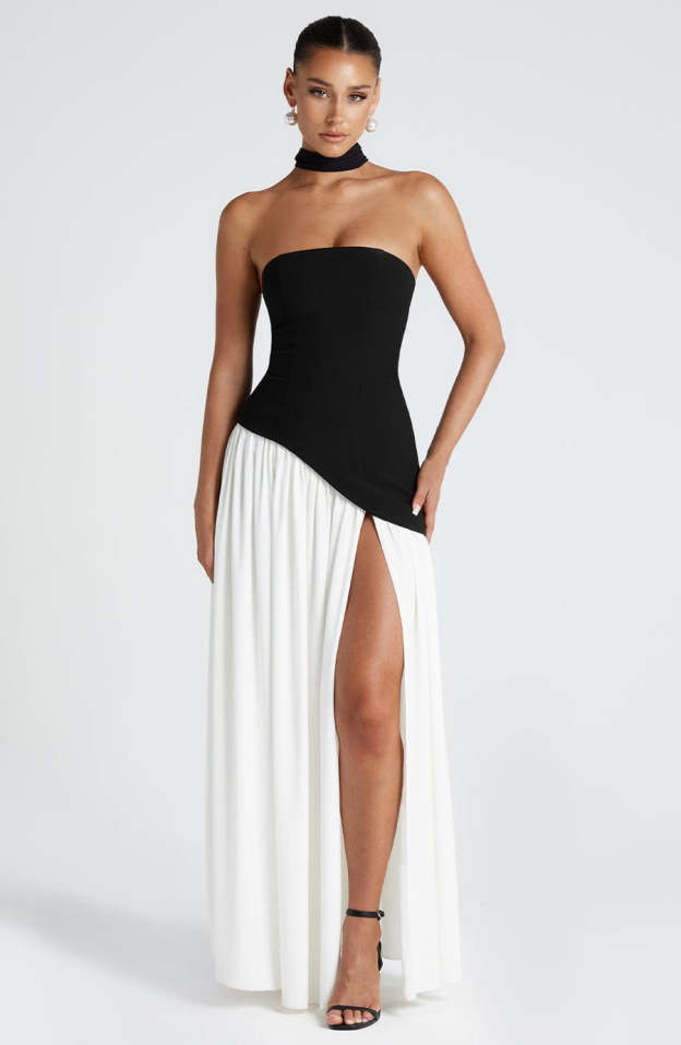 Elegant Audrey Slit Maxi Dress - Black/White
