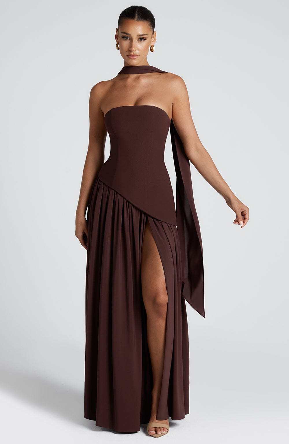 Elegant Audrey Slit Maxi Dress - Brown