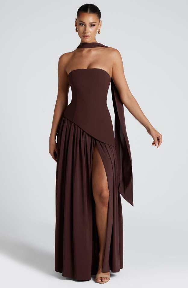 Elegant Audrey Slit Maxi Dress - Brown