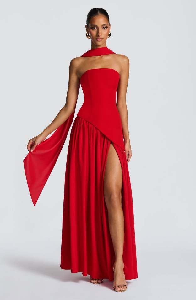 Elegant Audrey Slit Maxi Dress - Red