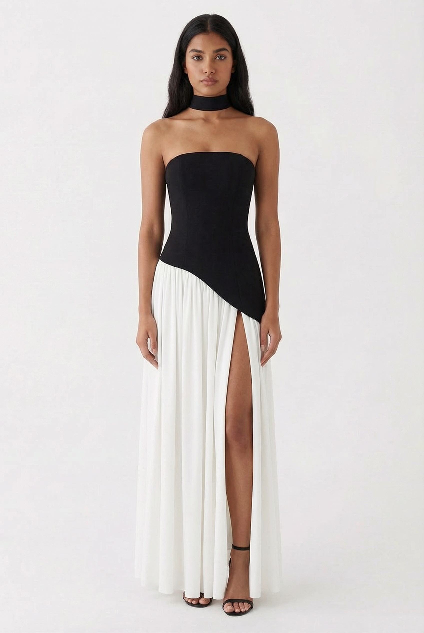 Elegant Audrey Slit Maxi Dress - Black/White