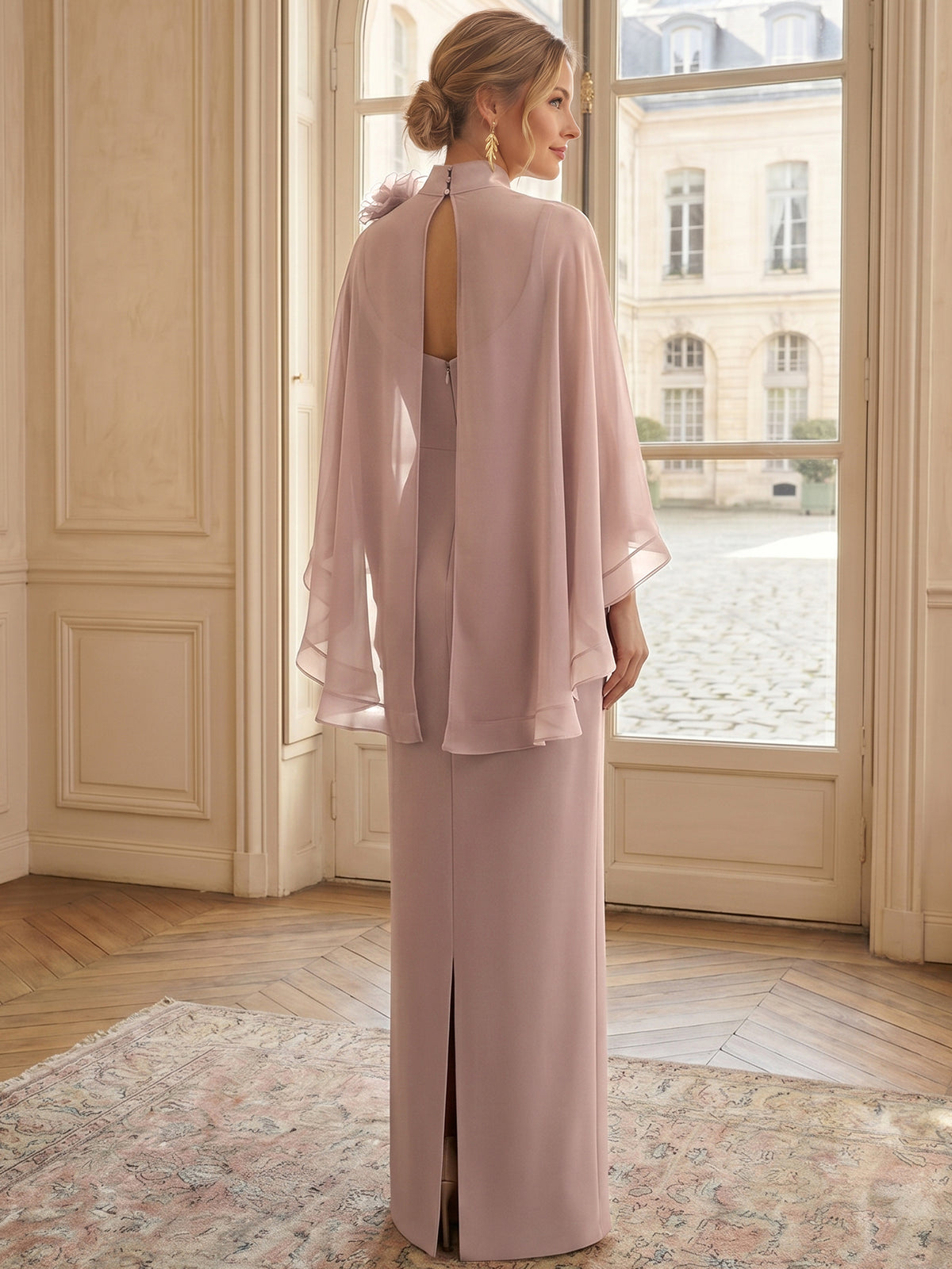 Nudepink Sheer 3D Floral Wrap-Around Evening Gown