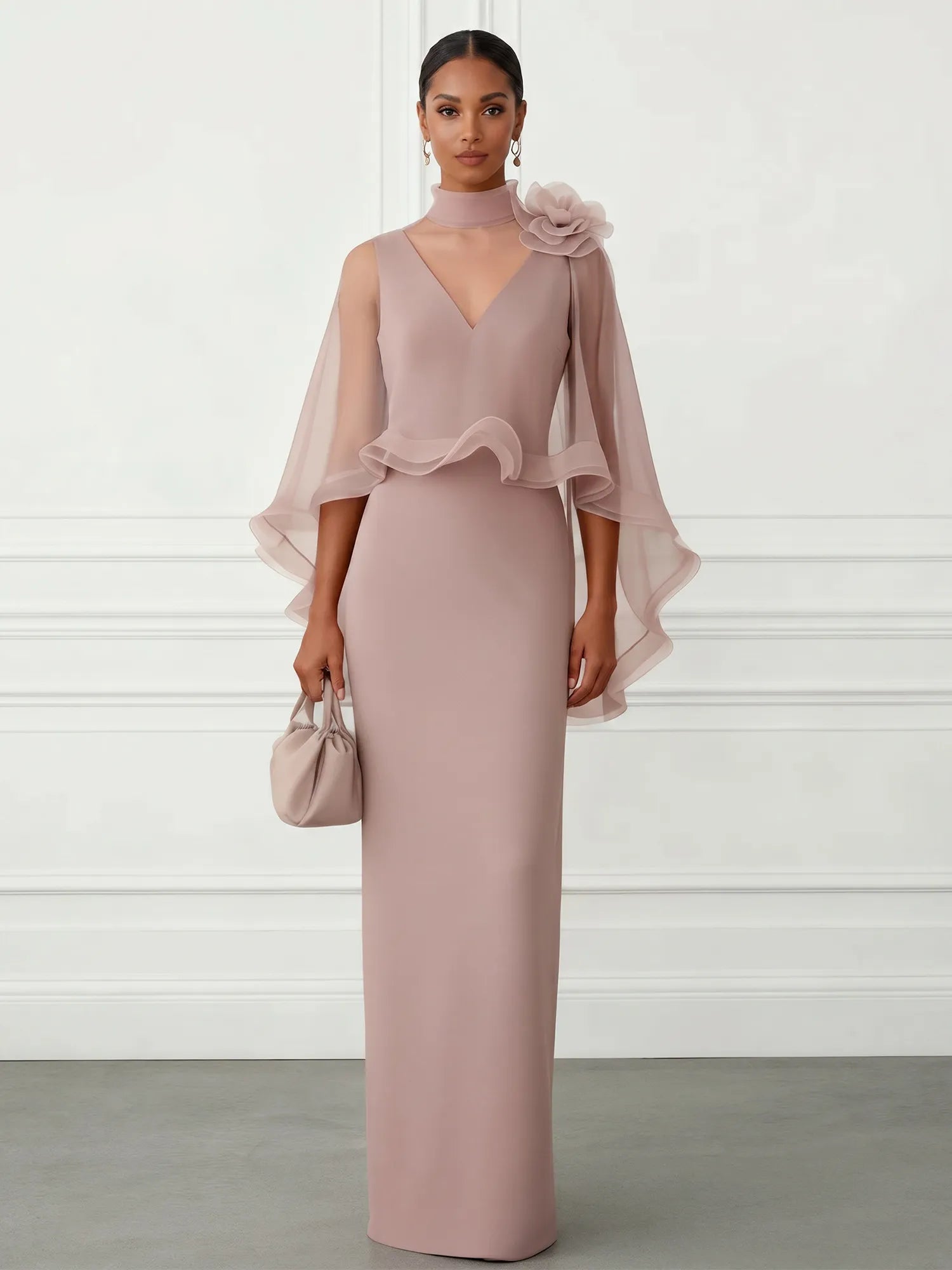 Nudepink Sheer 3D Floral Wrap-Around Evening Gown