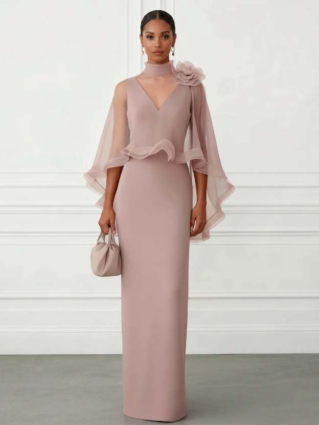 Nudepink Sheer 3D Floral Wrap-Around Evening Gown