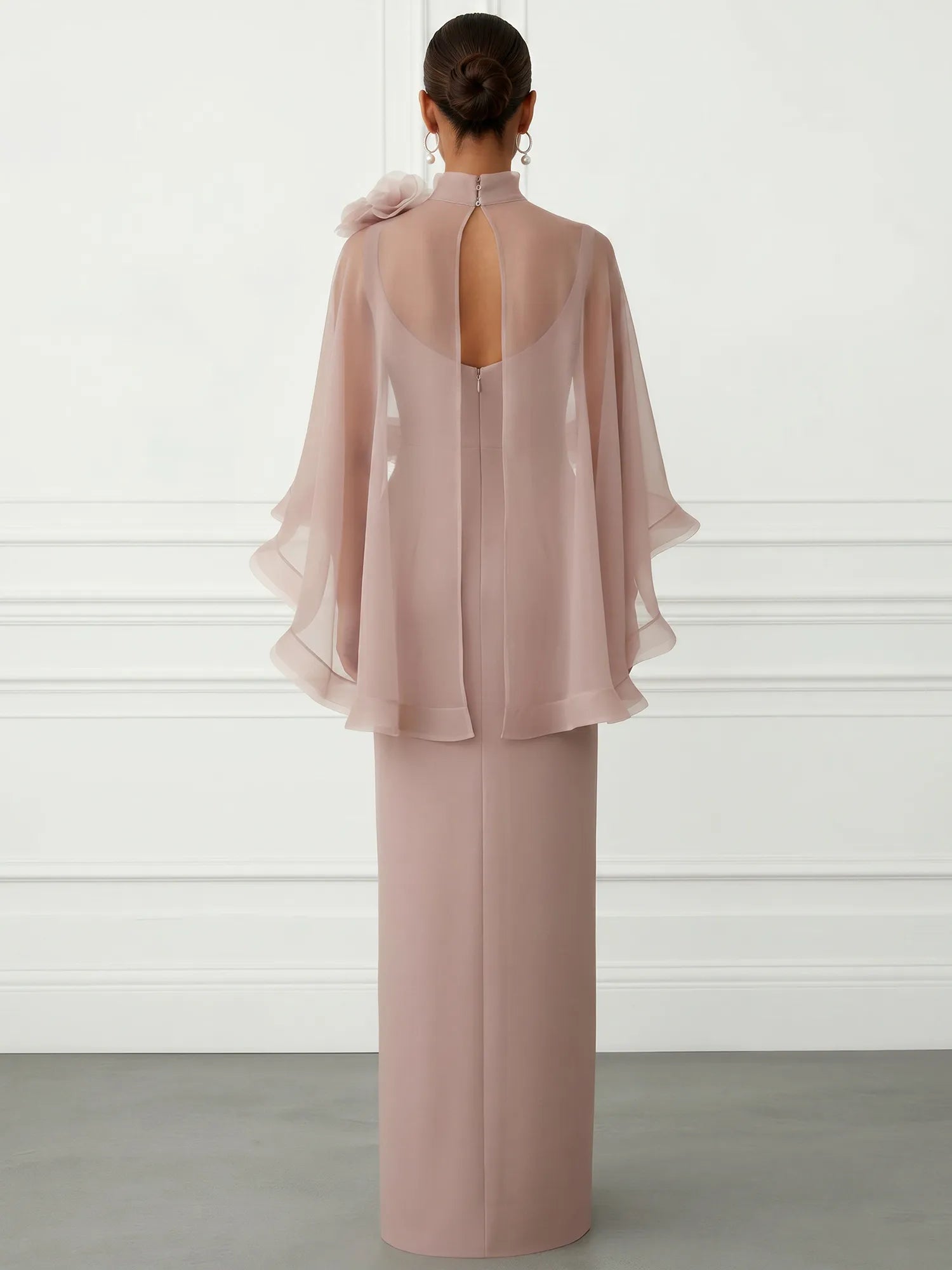 Nudepink Sheer 3D Floral Wrap-Around Evening Gown