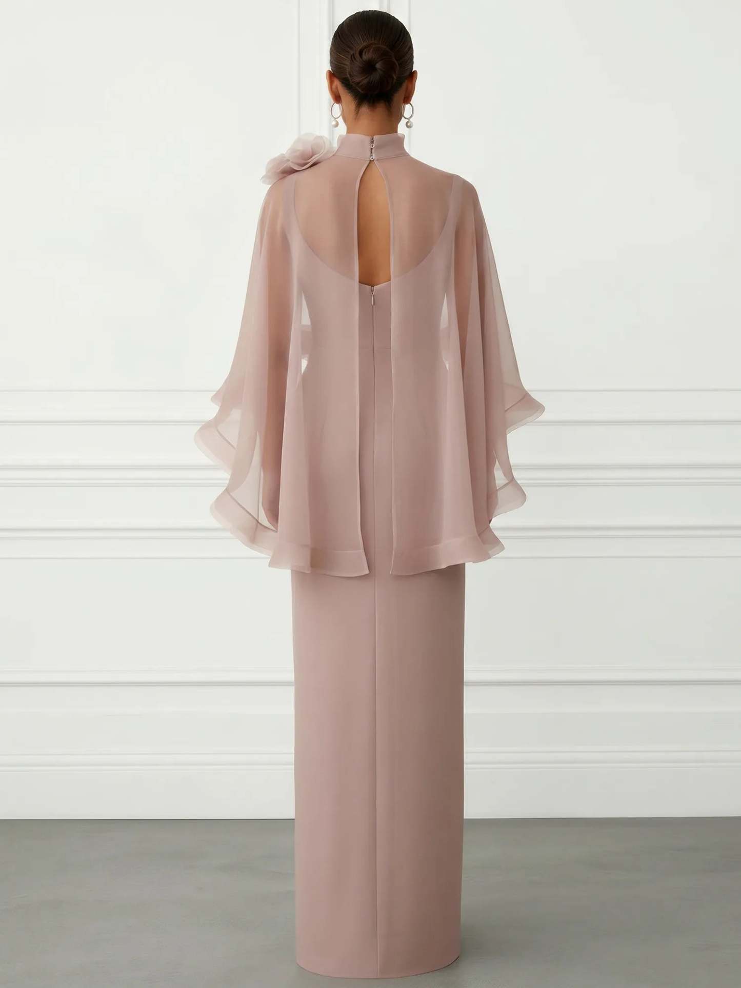Nudepink Sheer 3D Floral Wrap-Around Evening Gown