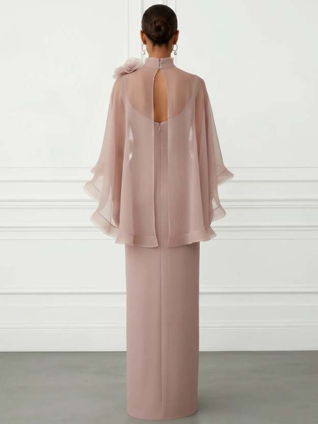 Nudepink Sheer 3D Floral Wrap-Around Evening Gown