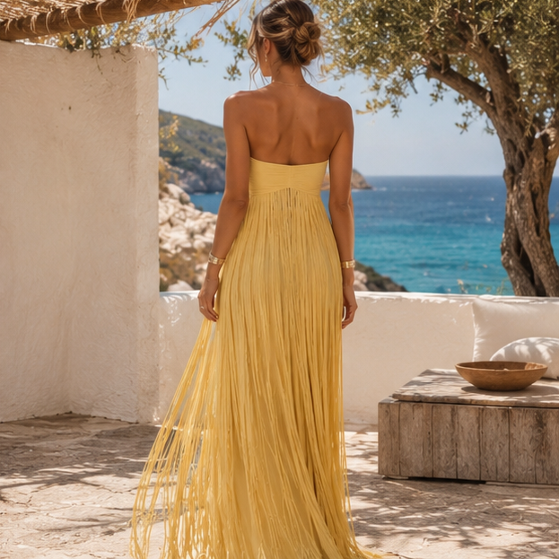 Sigrid Yellow Tassel Strapless Maxi Dress